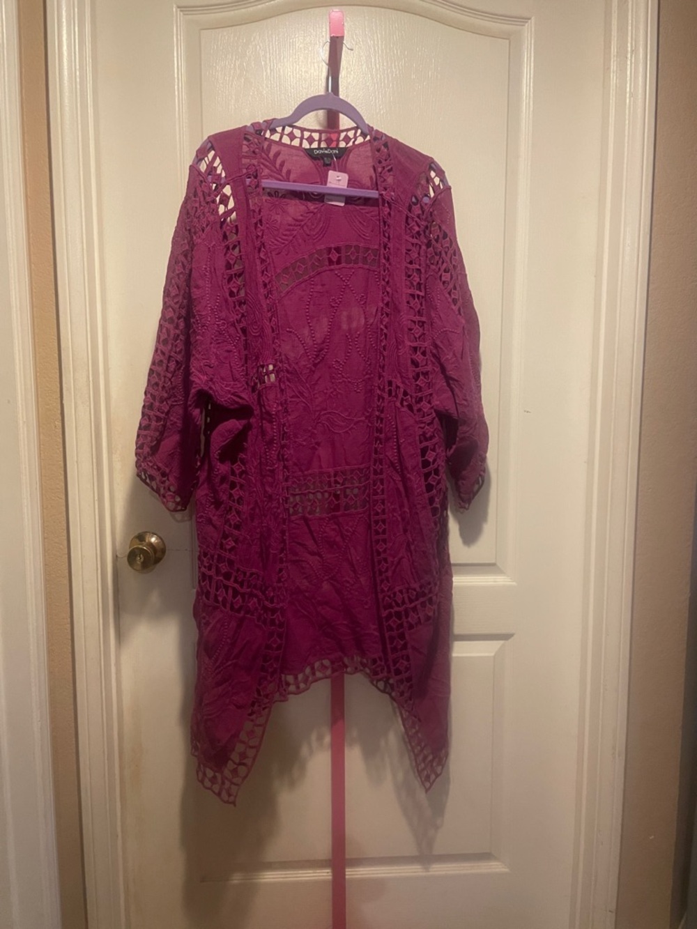 DAVI & DANI Open-Front Crochet Kimono - Wine Plum